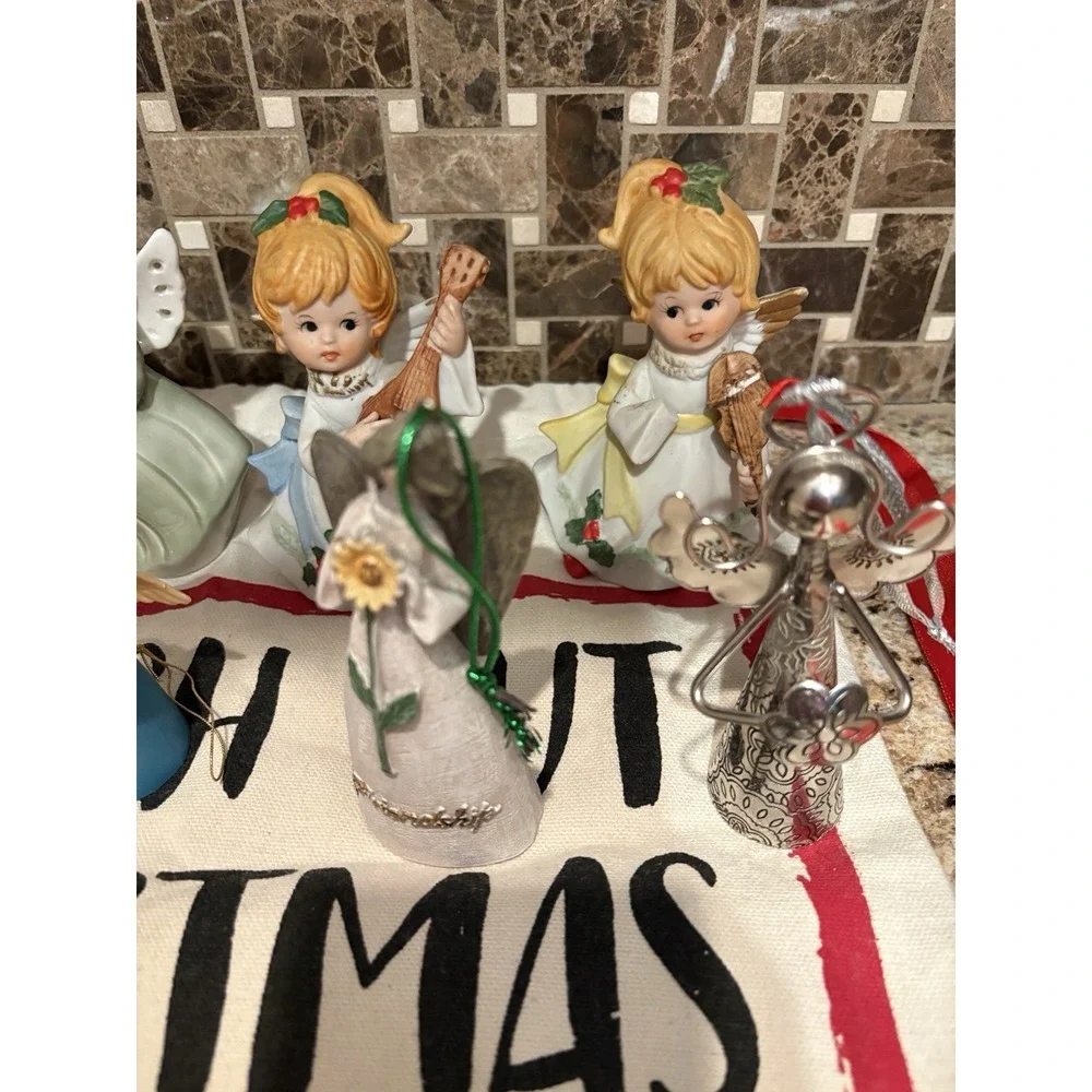 Angel Bell Ornament figurines‎ ceramic silver  Vintage Lot of 8